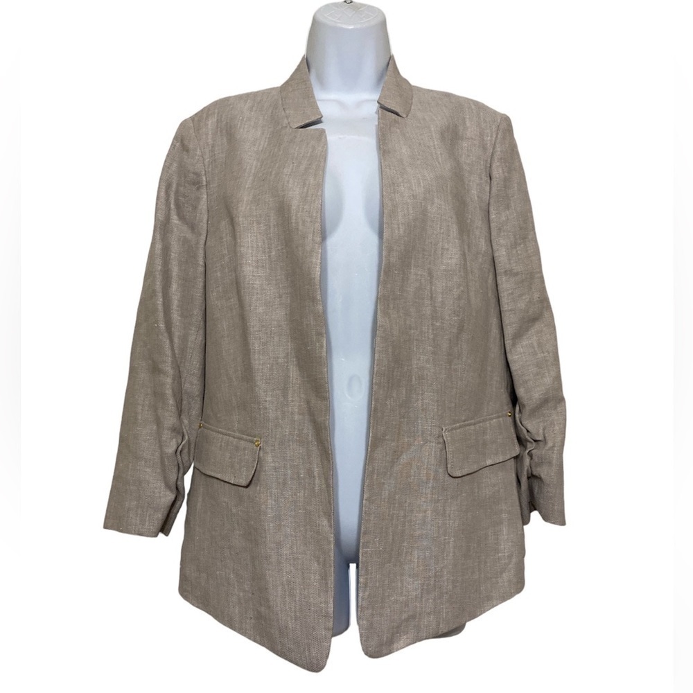 Jones New York open blazer Women 12 Beige Linen Career office casual Lagenlook